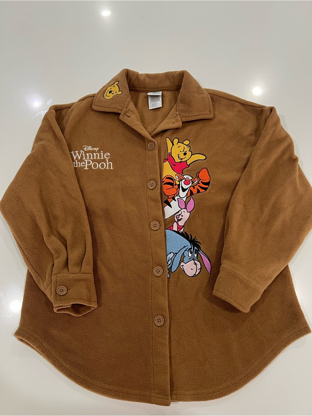 Disney Winnie the Pooh Brown Fleece Button Down Collard Shirt size XS